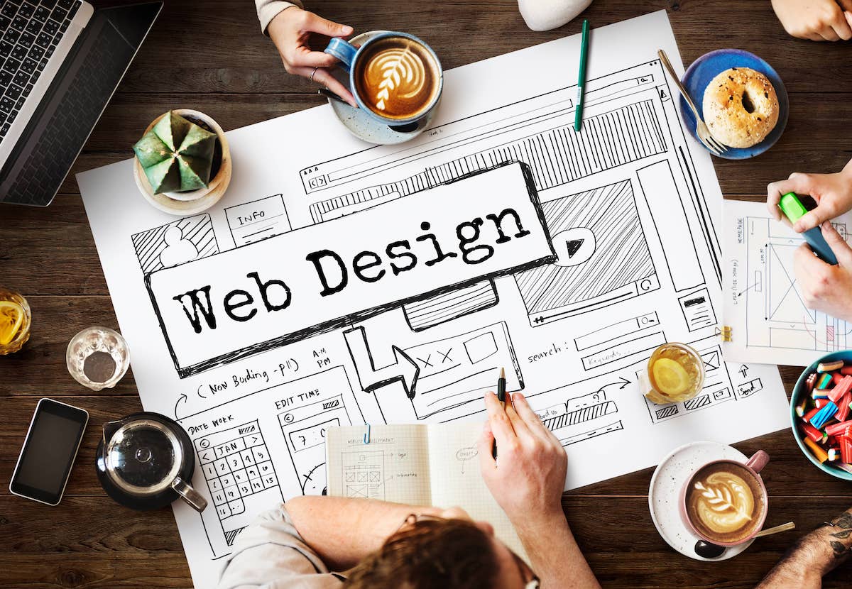 Webdesigner mit Webdesign Karte und Kaffee am Tisch